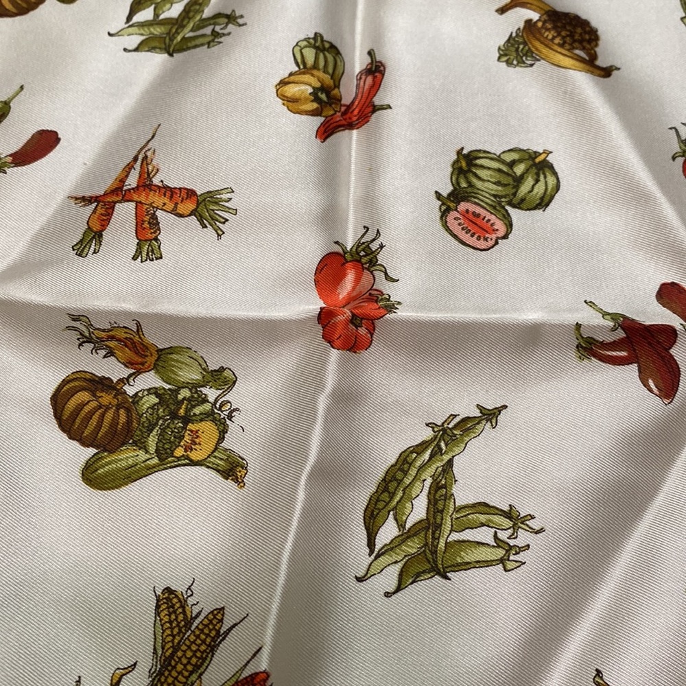 Dior Cream Silk Scarf with Red and Green Botanical Motif - Picture 5 of 10